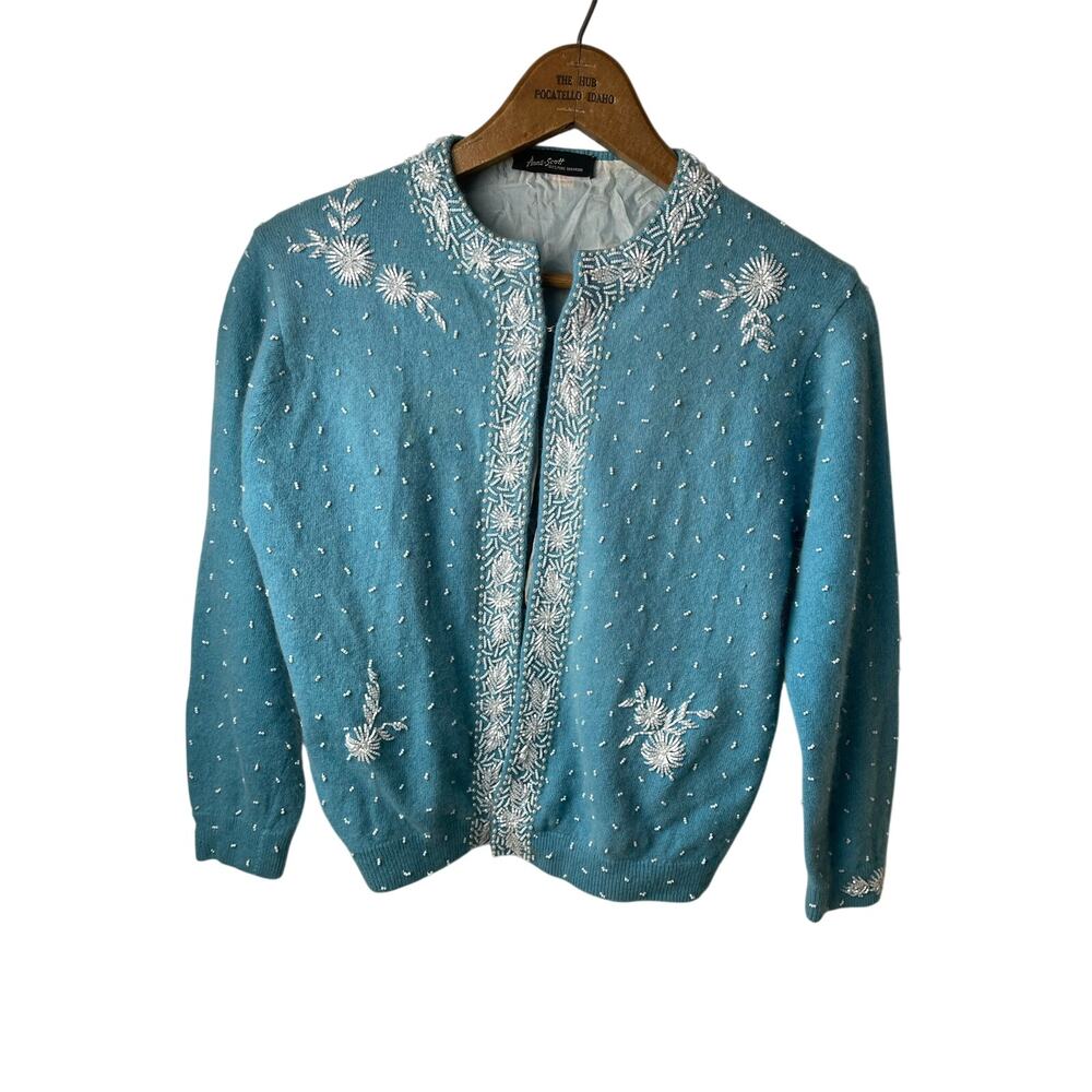 VTG 1950s Beaded Cashmere Cardigan Ivory Lined Sweater 15x19 Grandmacore Wedding